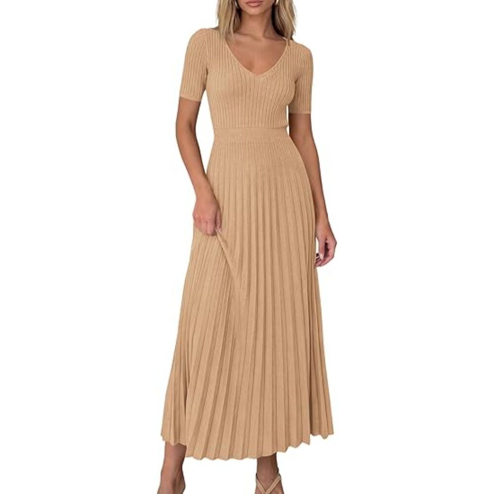 Women's Khaki Viscose V Neck Short Sleeve A Line Summer Casual Midi Dress